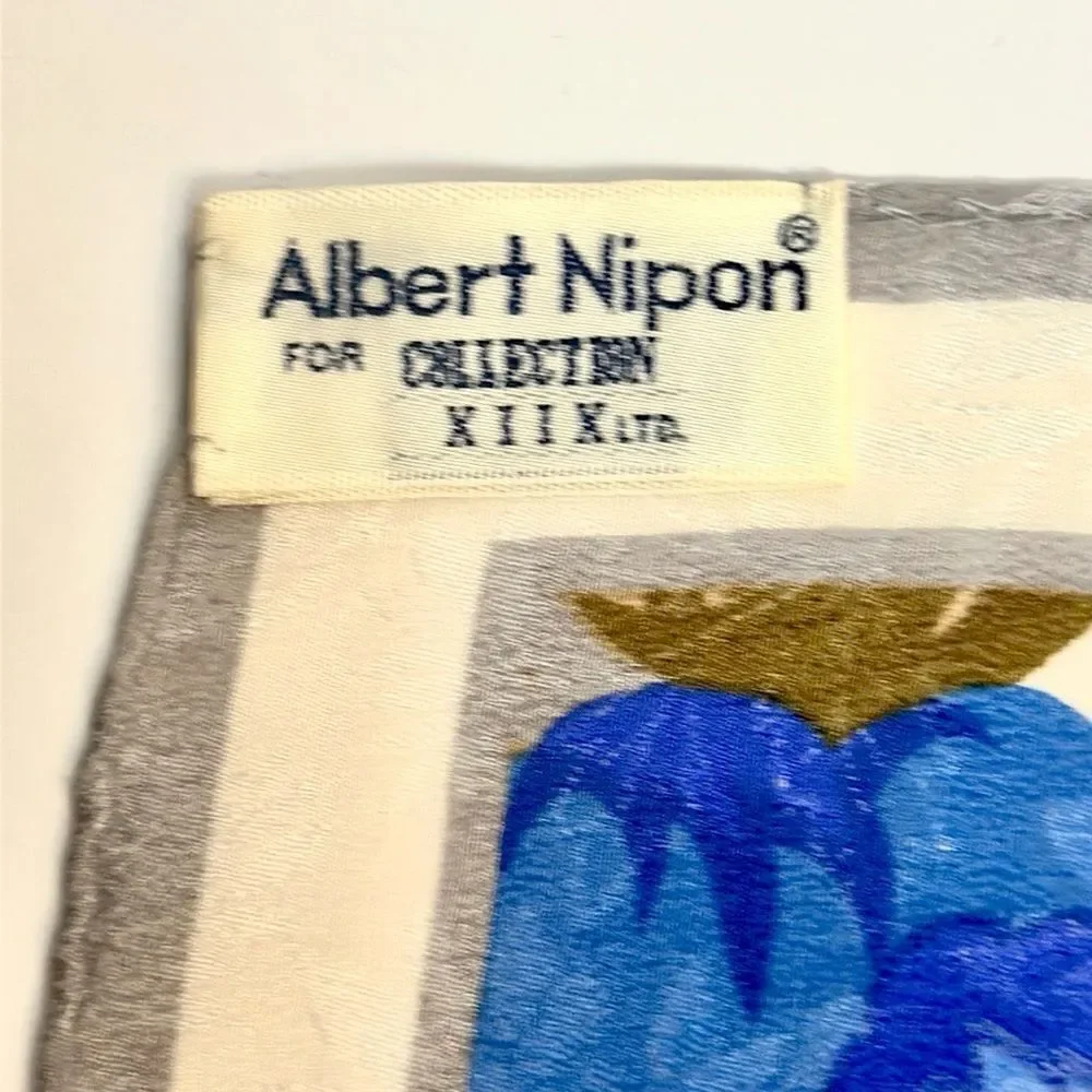 Albert Nipon for XIIX KARAT Silk Scarf Blue Magenta Tan Floral Roses Vintage